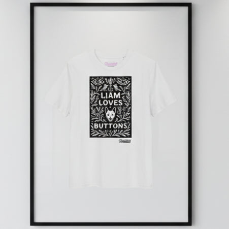 Liam Loves Buttons White Unisex organic cotton tee supports Happy Doggo